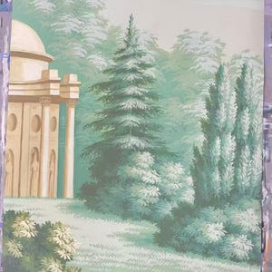 May include: A landscape painting featuring a classical building with columns and a dome, surrounded by lush green trees and foliage. The artwork has a soft, muted color palette with shades of green, beige, and white. The text "WallVibeStudioDesign" is visible at the bottom.
