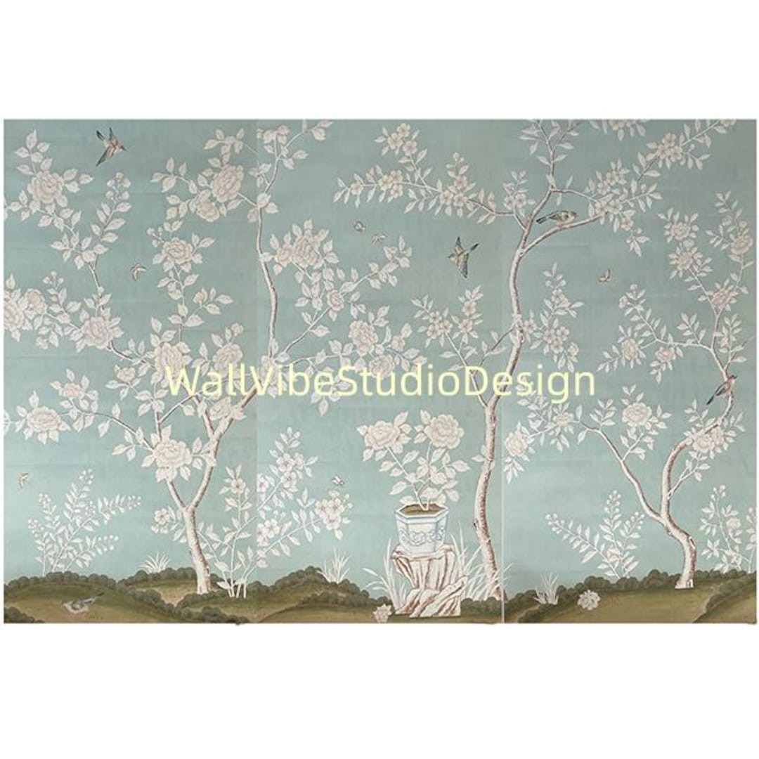 Chinoiserie Panel Hand Painted Wallpaper | Dusty Blue Floral Bird Wall ...