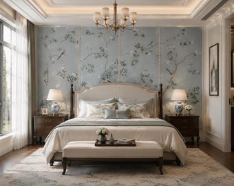 Hand Painted Chinoiserie Wallpaper | Floral Bird Wall Mural | Blue Botanical Wallpaper | Luxury Wallcovering | Custom Wallpaper Panel