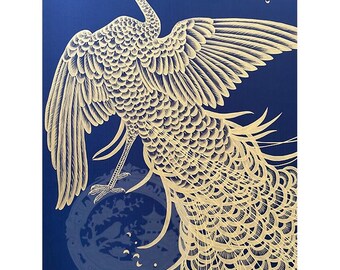 Hand Painted Peacock Chinoiserie Silk Wallpaper Mural Navy Blue & Gold Luxury Wall Art Custom Entryway Bedroom Feature Wall Decor