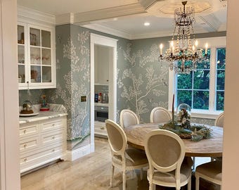 Hand-Painted Chinoiserie Silk Wallpaper Mural – Birds & Branches Wall Art | Custom Luxury Asian Floral Wall Decor, Feature Wall