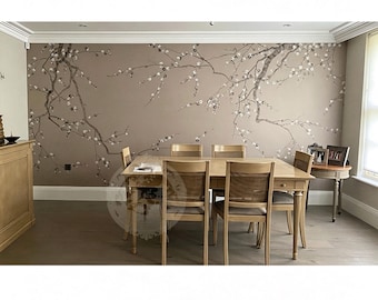 Hand-Painted Plum Blossom Chinoiserie Silk Wallpaper Mural | Custom Floral Bird Wall Art | Luxury Oriental Bedroom & Dining Room Decor