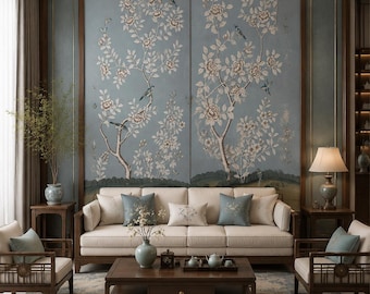 Hand-Painted Floral Bird Wallpaper | Blue Botanical Wall Mural | Luxury Scenic Wallcovering | Custom Wall Art
