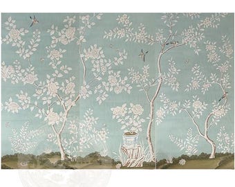 Chinoiserie Panel Hand Painted Wallpaper | Dusty Blue Floral Bird Wall Art & Tablecloth