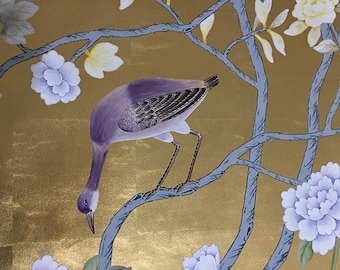 Chinoiserie Bird & Floral Wallpaper | Gold Foil Hand-Painted Mural | Luxury Wallcovering