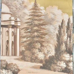 Hand Painted Panoramic Wallpaper Sample Gilded Tone European Classical Garden Architecture Western Art Mural