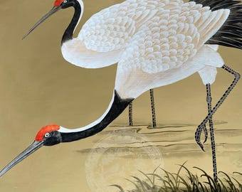 Hand-Painted  Gold Crane Mural: Oriental Bird Wall Art Panel