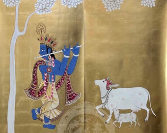 Krishna Hand-Painted Wallpaper | Gold Foil Indian Mural | Customizable Luxury Wallcovering