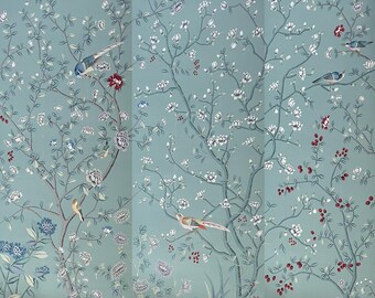 Chinoiserie Mural | Hand Painted Blue Tea Paper Wallpaper | Peony Bird Wall Art & Tablecloth