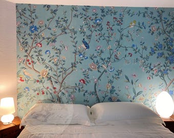 Chinoiserie Panel Hand Painted Wallpaper | Teal Blue Floral Bird Wall Art