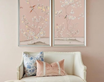 Papel pintado oriental de seda pintado a mano con flores y pájaros - Arte rosa rubor sin marco