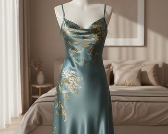 Printed Silk Nightgown for Women, Halter Satin Sleep Dress, Elegant Lingerie Nightwear