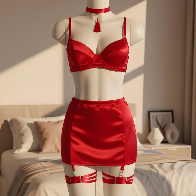 May include: A red satin lingerie set on a mannequin. The set includes a bra, mini skirt, garter belt, and choker with a tassel. The bra has underwire support. The garter belt has adjustable straps. The choker has a small tassel.