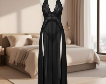 Lace V-Neck Nightgown for Women, Sheer Split Chemise, Sleeveless Lingerie with Thong
