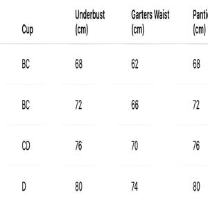 May include: A white table showing a lingerie size chart. The chart details sizes S to XL, US sizes, cup sizes, underbust, garter waist, panties waist, and panties length measurements in centimetres.