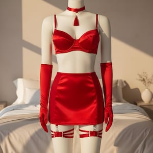 Op de afbeelding: Rode satijnen lingerie set op een mannequin. De set bestaat uit een bh, minirok, choker, lange handschoenen en jarretels. De bh heeft beugels. De handschoenen reiken tot de bovenarm. De set is rood.