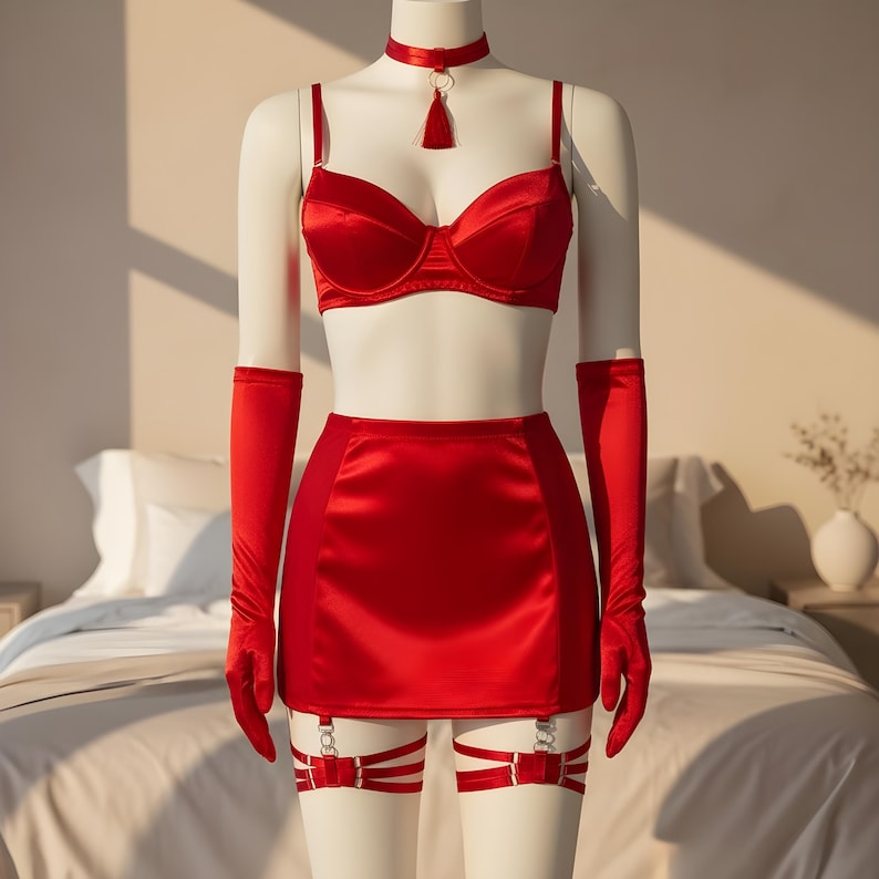 May include: A red satin lingerie set on a mannequin. The set comprises a bra, mini skirt, choker, long gloves, and garter belts. The bra has underwire support. The gloves extend to the upper arm. The set is displayed in a bedroom setting.