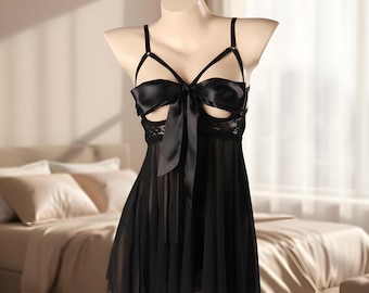 Komplet bielizny koronkowej typu babydoll dla kobiet, biustonosz z kokardką i koszula nocna, elegancki strój do spania