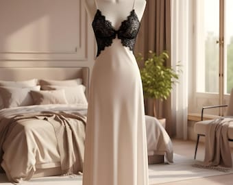 Backless Chemise Nightgown for Women, Lace Trim Ice Silk Sleep Dress, Elegant Loungewear Sleepwear