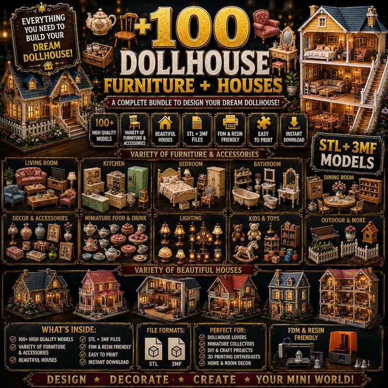May include: A digital product bundle featuring over 100 3D printable dollhouse furniture and house models. The image displays various miniature items including beds, chairs, tables, kitchen appliances, lighting, and food, alongside several multi-story house designs.