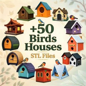 May include: A selection of brightly coloured birdhouses in diverse styles, such as a Japanese-inspired design and houses with tiled roofs. The image features the text "+50 Birds Houses STL Files" and illustrations of birds.