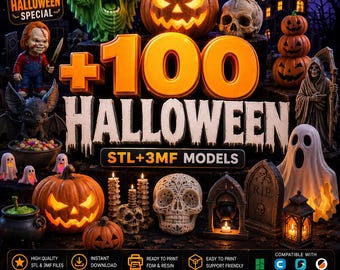 May include: A digital collection of 100 Halloween-themed 3D printable models in STL and 3MF formats. The image displays various spooky figures including jack-o'-lanterns, skulls, ghosts, a grim reaper, a cauldron, and tombstones with text.