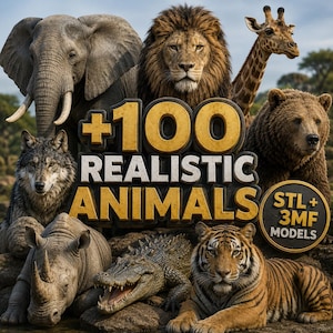May include: A digital collection of 100 realistic animal 3D models featuring an elephant, lion, giraffe, bear, wolf, rhinoceros, crocodile, and tiger. The image displays the text +100 REALISTIC ANIMALS and a circular badge reading STL + 3MF MODELS.