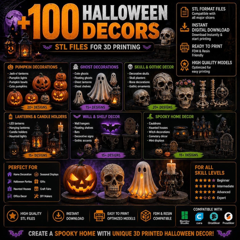 May include: A digital collection of over 100 Halloween-themed 3D printable STL files, featuring pumpkins, ghosts, skulls, lanterns, and gothic decor. The image displays various categorized designs, technical compatibility icons, and text labels for 3D printing.