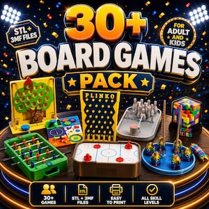 Puede incluir: Un paquete digital de más de 30 juegos de mesa con archivos STL y 3MF. La imagen muestra varios juegos de mesa, incluyendo un tablero de Plinko, un futbolín en miniatura, un juego de bolos, un cubo de rompecabezas y un juego de aros.