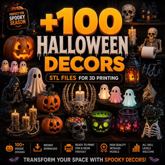 100+ Halloween Decor STL Files Bundle | 3D Print Halloween Decorations | Pumpkin Skull Ghost Gothic Decor | Instant Download