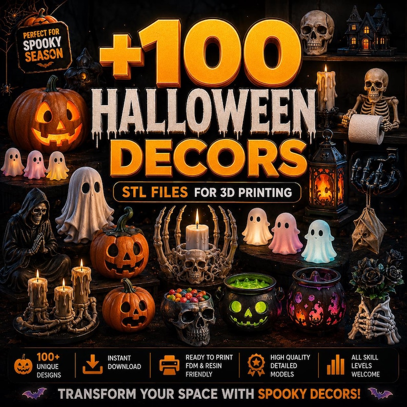 May include: A collection of 100 Halloween-themed 3D printable STL files featuring pumpkins, ghosts, skulls, skeletons, and cauldrons. The digital display includes text reading +100 HALLOWEEN DECORS STL FILES FOR 3D PRINTING and PERECT FOR SPOOKY SEASON.