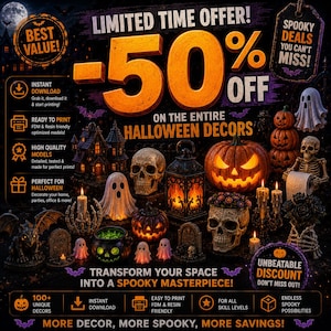 May include: A digital advertisement for 3D printable Halloween decorations featuring text that reads -50% OFF ON THE ENTIRE HALLOWEEN DECORS. The image displays various miniature models including skulls, ghosts, pumpkins, a lantern, and a cauldron.