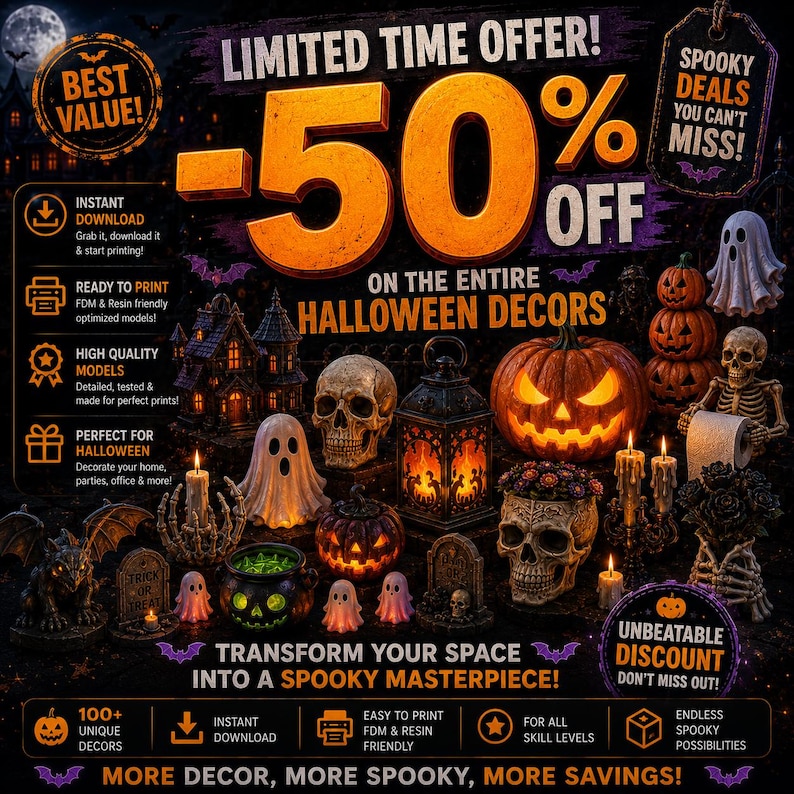 May include: A digital advertisement for 3D printable Halloween decorations featuring text that reads -50% OFF ON THE ENTIRE HALLOWEEN DECORS. The image displays various miniature models including skulls, ghosts, pumpkins, a lantern, and a cauldron.