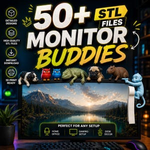 Puede incluir: Una colección digital de más de 50 archivos STL para figuras de monitor que incluyen varios animales como un perro, búhos, un lagarto, un pug, un capibara y un mono sosteniendo un rollo de papel, mostrados en un monitor con texto.