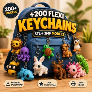 200種類以上のフレキシブル動物キーホルダーSTLファイルバンドル – 3Dプリントファイル、関節可動式フレキシブルキーホルダー、プリントインプレイス、STL + 3MF、商用利用可