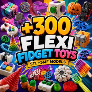 Puede incluir: Una colección de varios juguetes fidget impresos en 3D, incluyendo un cubo arcoíris, una calabaza, un mando de juego, engranajes y un cono rojo, con el texto +300 FLEXI FIDGET TOYS STL+3MF MODELS mostrado en el centro sobre un fondo colorido.