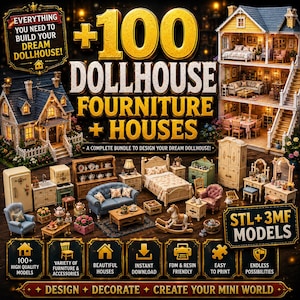 100+ Dollhouse Furniture STL Bundle | Miniature Houses & Accessories | 1:12 Scale Dollhouse STL Files | Mini Furniture | 3D Print Bundle