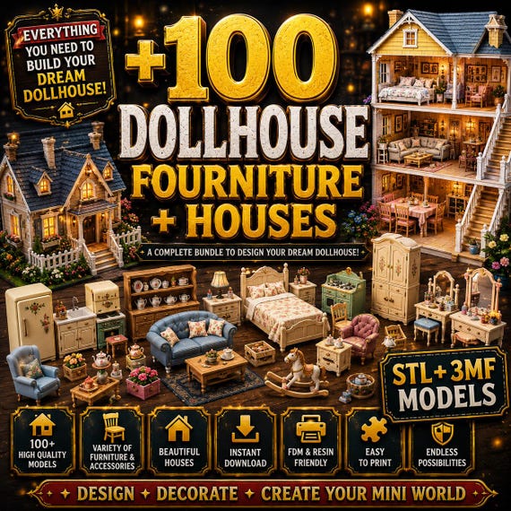 100+ Dollhouse Furniture STL Bundle | Miniature Houses & Accessories | 1:12 Scale Dollhouse STL Files | Mini Furniture | 3D Print Bundle