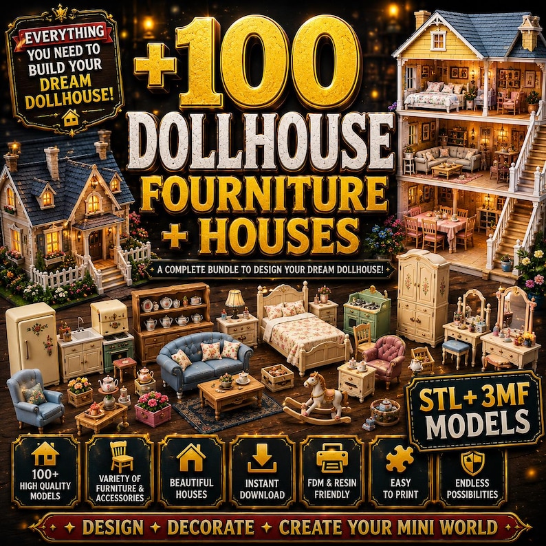 May include: A digital collection of 100 dollhouse furniture and house models, featuring 3D printable STL and 3MF files. The image displays a multi-story dollhouse, miniature beds, sofas, tables, chairs, and kitchen appliances in various colors.