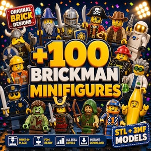 Zestaw ponad 100 minifigurek Brickman w formacie STL | Figurki kompatybilne z klockami | Zestaw STL i 3MF do druku 3D | Miniaturowe figurki do samodzielnego montażu |