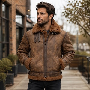 Men's Bomber Aviator Distressed Brown Real Leather Jacket, Faux Fur Jacket | Handmade Winter B3 Shearling Jacket | Gif For Him