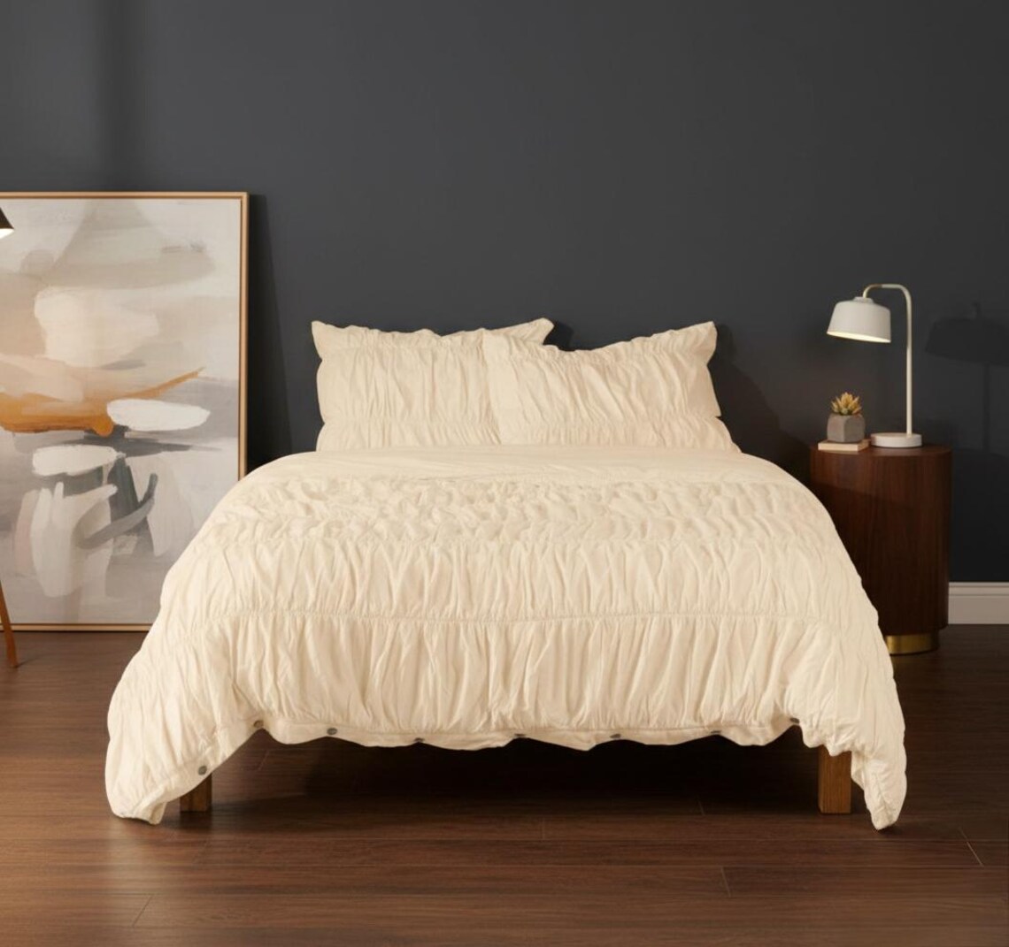 Cream Color Ruched Cotton Duvet Cover Set, Romantic Bedroom Decor, Boho ...
