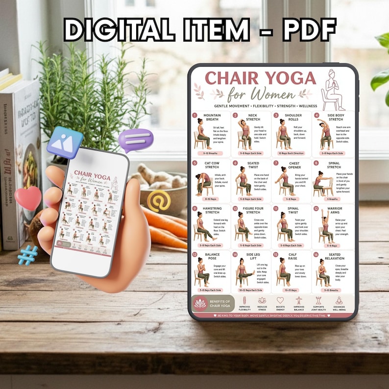 Chair Yoga for Women Printable, Seated Yoga Exercises PDF, Beginner