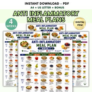 May include: A digital PDF document titled Anti-Inflammatory Meal Plans featuring a four-week schedule. The layout includes daily breakfast, lunch, dinner, and snack suggestions with food illustrations, nutritional icons, and text for each week.