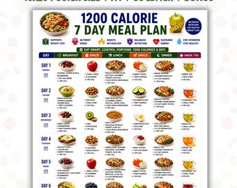 1200 Calorie 7 Day Meal Plan Printable, 1200 Calorie Diet Plan PDF, Weight Loss Meal Planner, Healthy Eating Guide, Weekly Meal Plan