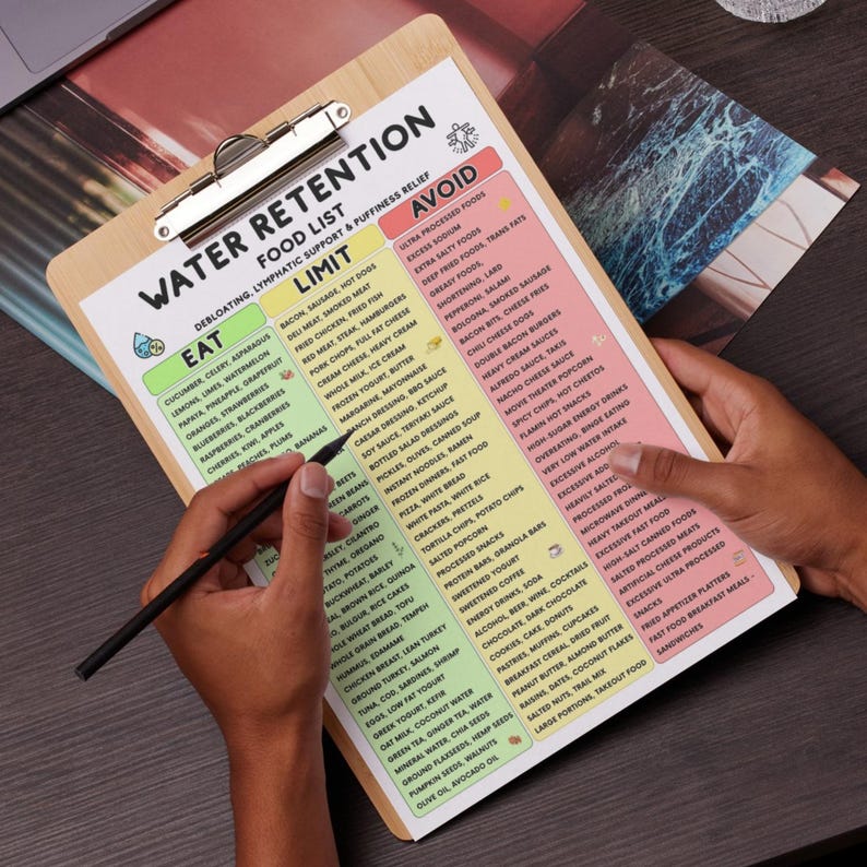 Op de afbeelding: Een houten klembord met een wit papieren overzicht getiteld Water Retention Food List. De lijst is verdeeld in drie kleurgecodeerde kolommen met de labels Eat, Limit en Avoid, waarin diverse voedingsmiddelen met kleine iconen worden vermeld.