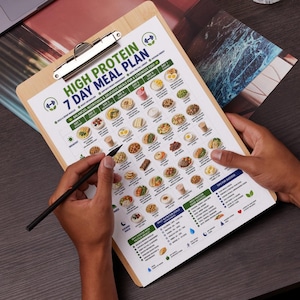 May include: A wooden clipboard holding a printed High Protein 7 Day Meal Plan chart with a grid of food illustrations for breakfast, lunch, dinner, and snacks, featuring green and blue text accents and a dumbbell icon at the top of the page.