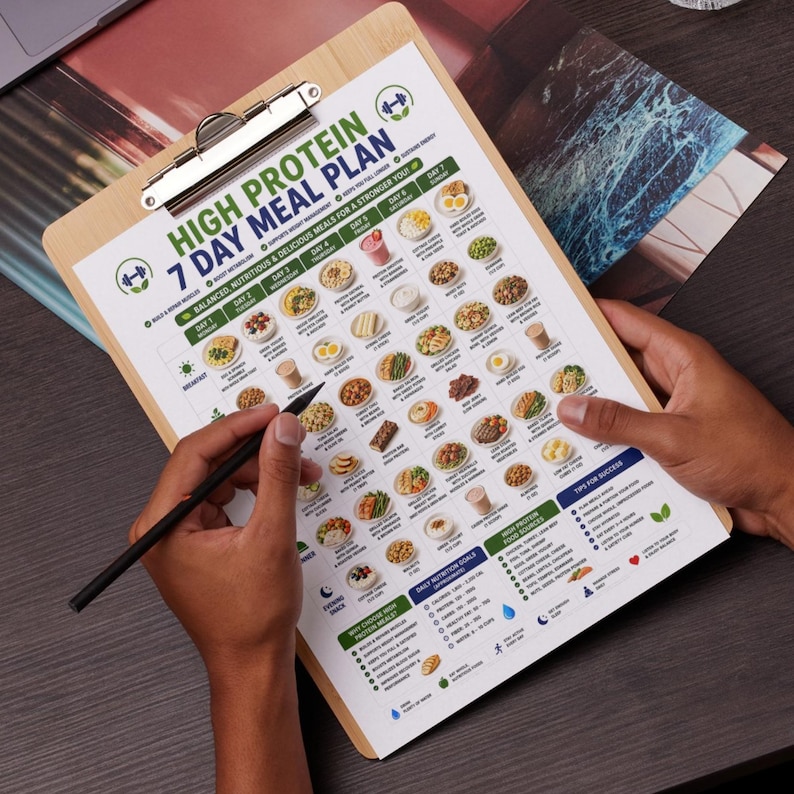 May include: A wooden clipboard holding a printed High Protein 7 Day Meal Plan chart with a grid of food illustrations for breakfast, lunch, dinner, and snacks, featuring green and blue text accents and a dumbbell icon at the top of the page.