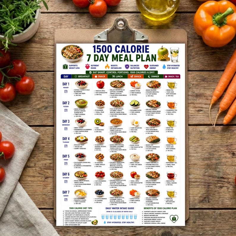 May include: A printed 1500 calorie 7 day meal plan on a white sheet of paper secured to a clipboard. The document features a grid layout with daily food suggestions, nutritional icons, and text detailing breakfast, lunch, dinner, and snack options.