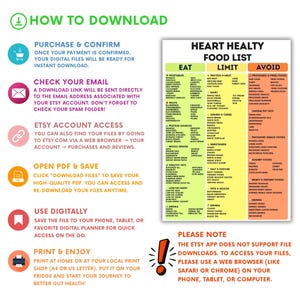 May include: A colorful infographic titled "Heart Healthy Food List" with sections for "Eat," "Limit," and "Avoid." The guide includes lists of vegetables, fruits, protein sources, grains, fats, and drinks. Instructions on how to download the file are also included.